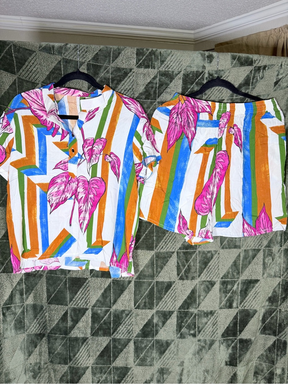Girls Tropical Stripe Pajama Set with Pink Leaf Print